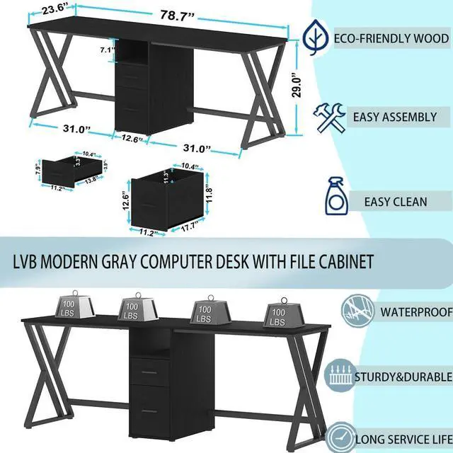 Alt view image 2 of 7 - LVB Extra Long Two Person Desk, Large Black Computer Desk with File Drawer, Wood Metal Double Gaming Desk with Storage Cabinet, Modern PC Writing Workstation Dual Executive Home Office Desk, 79 inch