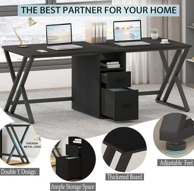 Alt view image 4 of 7 - LVB Extra Long Two Person Desk, Large Black Computer Desk with File Drawer, Wood Metal Double Gaming Desk with Storage Cabinet, Modern PC Writing Workstation Dual Executive Home Office Desk, 79 inch