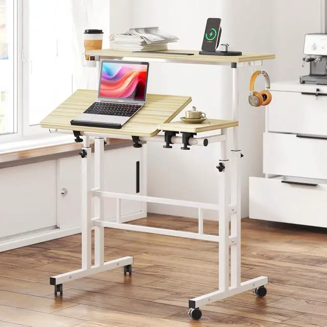 Main image of Rolling Standing Desk, Height Adjustable Home Office Desk, Mobile Sit-Stand Laptop Desk with Hook and Cup Holder, Portable Desk with Wheels, Maple