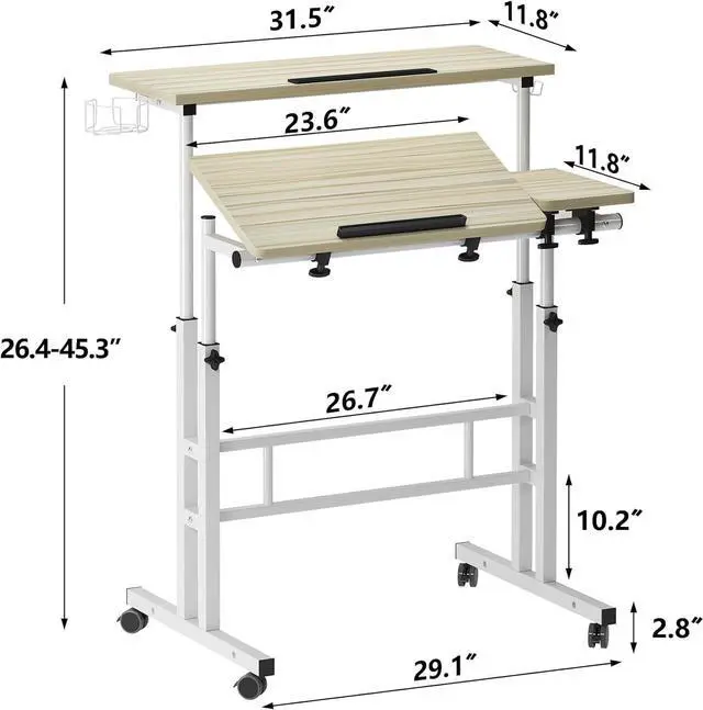 Alt view image 2 of 7 - Rolling Standing Desk, Height Adjustable Home Office Desk, Mobile Sit-Stand Laptop Desk with Hook and Cup Holder, Portable Desk with Wheels, Maple