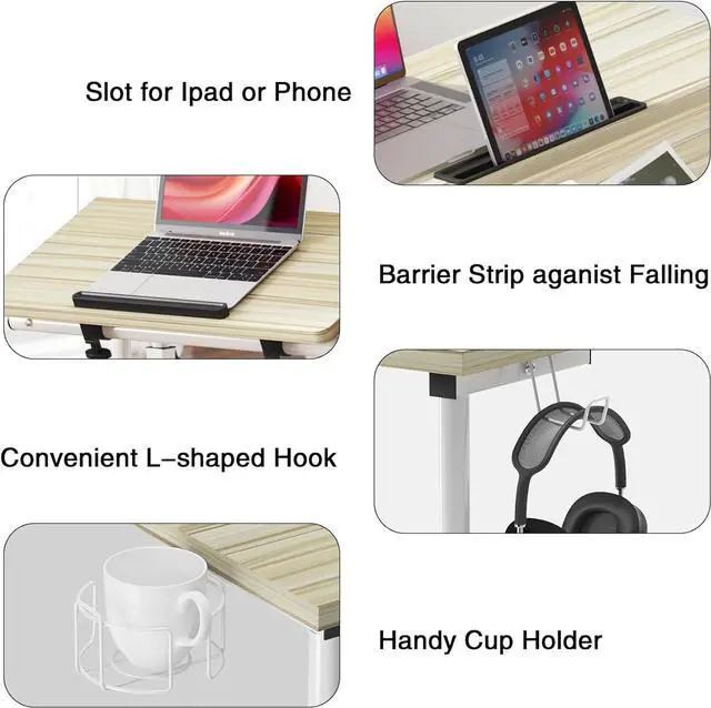 Alt view image 3 of 7 - Rolling Standing Desk, Height Adjustable Home Office Desk, Mobile Sit-Stand Laptop Desk with Hook and Cup Holder, Portable Desk with Wheels, Maple