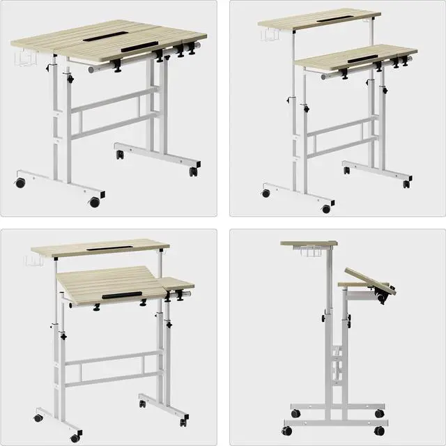Alt view image 5 of 7 - Rolling Standing Desk, Height Adjustable Home Office Desk, Mobile Sit-Stand Laptop Desk with Hook and Cup Holder, Portable Desk with Wheels, Maple