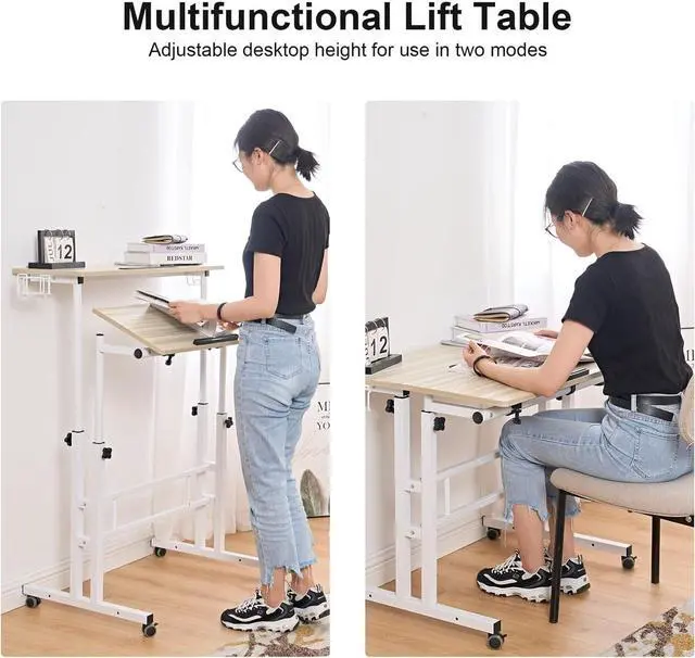 Alt view image 6 of 7 - Rolling Standing Desk, Height Adjustable Home Office Desk, Mobile Sit-Stand Laptop Desk with Hook and Cup Holder, Portable Desk with Wheels, Maple
