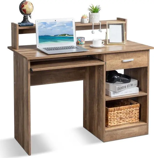 Main image of Karl home Computer Desk Study Writing Desk, Wooden Home Office Workstation PC Laptop Table with Drawer Shelf Keyboard Tray, Brown