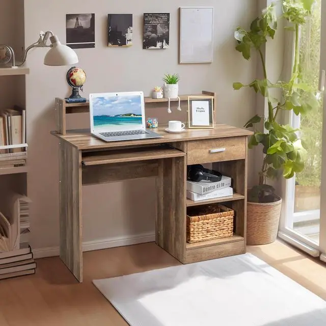 Alt view image 2 of 7 - Karl home Computer Desk Study Writing Desk, Wooden Home Office Workstation PC Laptop Table with Drawer Shelf Keyboard Tray, Brown