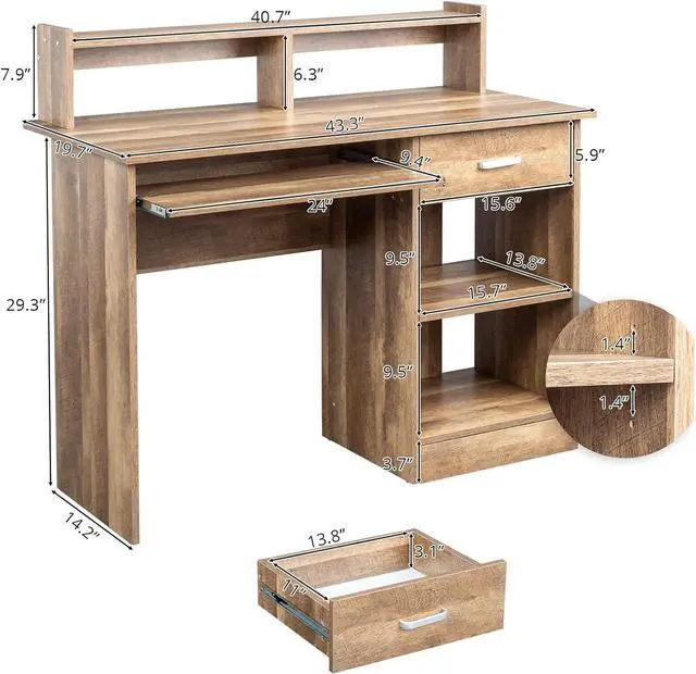 Alt view image 3 of 7 - Karl home Computer Desk Study Writing Desk, Wooden Home Office Workstation PC Laptop Table with Drawer Shelf Keyboard Tray, Brown