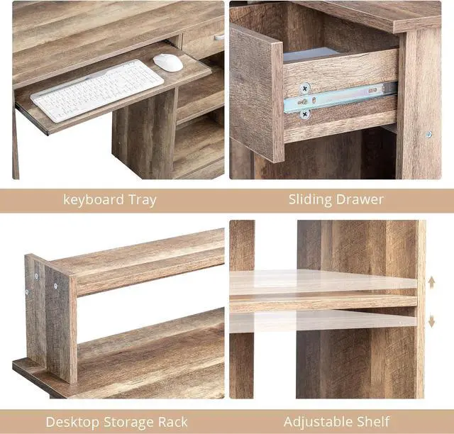 Alt view image 4 of 7 - Karl home Computer Desk Study Writing Desk, Wooden Home Office Workstation PC Laptop Table with Drawer Shelf Keyboard Tray, Brown