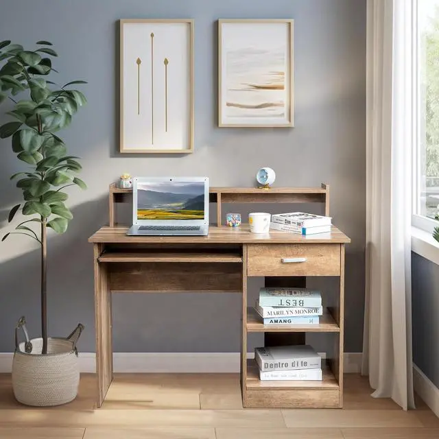 Alt view image 6 of 7 - Karl home Computer Desk Study Writing Desk, Wooden Home Office Workstation PC Laptop Table with Drawer Shelf Keyboard Tray, Brown