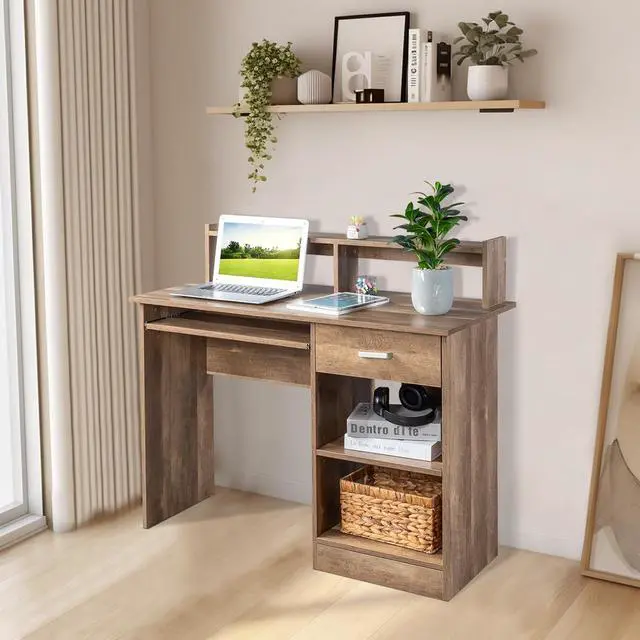 Alt view image 7 of 7 - Karl home Computer Desk Study Writing Desk, Wooden Home Office Workstation PC Laptop Table with Drawer Shelf Keyboard Tray, Brown