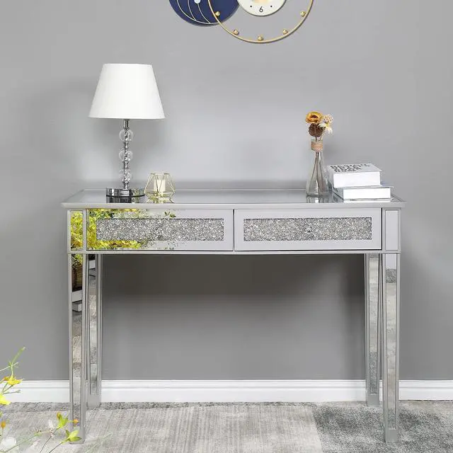 Main image of Karl home Mirrored Desk with 2 Drawers Silver Console Table Mirror Sofa Table with Crystal Inlay Front for Living Room, Entryway, Foyer, 42 Inch
