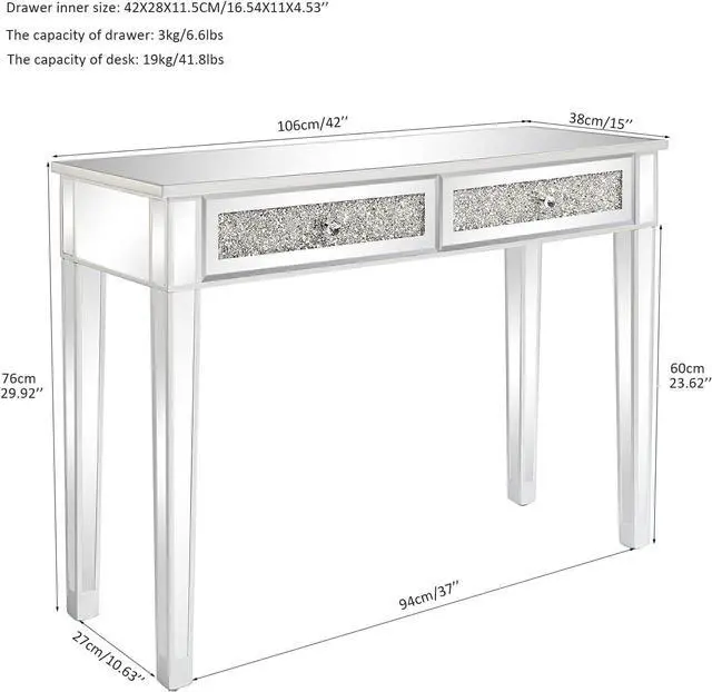 Alt view image 2 of 7 - Karl home Mirrored Desk with 2 Drawers Silver Console Table Mirror Sofa Table with Crystal Inlay Front for Living Room, Entryway, Foyer, 42 Inch