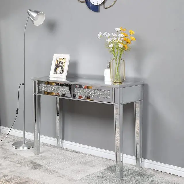 Alt view image 3 of 7 - Karl home Mirrored Desk with 2 Drawers Silver Console Table Mirror Sofa Table with Crystal Inlay Front for Living Room, Entryway, Foyer, 42 Inch