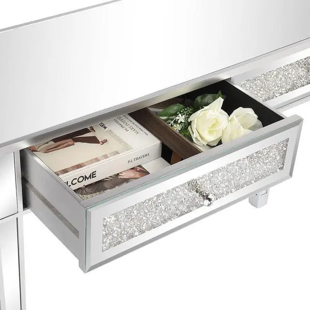 Alt view image 6 of 7 - Karl home Mirrored Desk with 2 Drawers Silver Console Table Mirror Sofa Table with Crystal Inlay Front for Living Room, Entryway, Foyer, 42 Inch