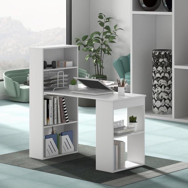 Alt view image 2 of 7 - Giantex 48 Inch Computer Desk with Bookshelf, 3-in-1 Home Office Desk with 4-Tier Bookcase & CPU Stand, Space-Saving Reversible Writing Desk Work Table for Bedroom, Study Room, Office (White)