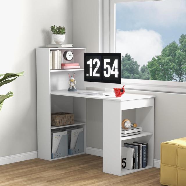 Alt view image 4 of 7 - Giantex 48 Inch Computer Desk with Bookshelf, 3-in-1 Home Office Desk with 4-Tier Bookcase & CPU Stand, Space-Saving Reversible Writing Desk Work Table for Bedroom, Study Room, Office (White)