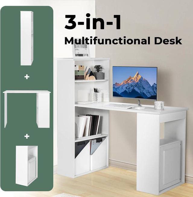 Alt view image 5 of 7 - Giantex 48 Inch Computer Desk with Bookshelf, 3-in-1 Home Office Desk with 4-Tier Bookcase & CPU Stand, Space-Saving Reversible Writing Desk Work Table for Bedroom, Study Room, Office (White)