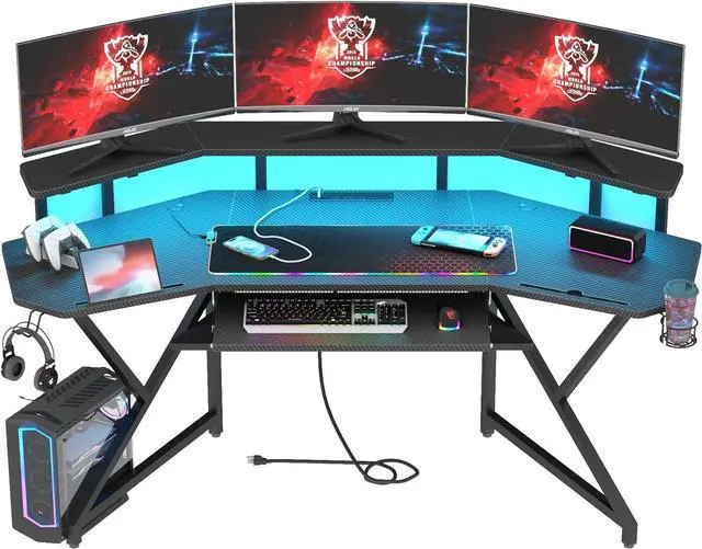 Main image of 72" Gaming Desk with Power Outlet & Led Strip, Large Wing-Shaped Computer Desk w Monitor Stand & Keyboard Tray & RGB Mouse Pad, Studio Desk w Storage Shelf Headphone Hook Cup Holder
