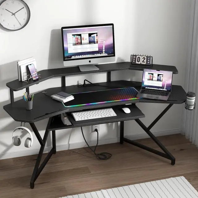 Alt view image 2 of 7 - 72" Gaming Desk with Power Outlet & Led Strip, Large Wing-Shaped Computer Desk w Monitor Stand & Keyboard Tray & RGB Mouse Pad, Studio Desk w Storage Shelf Headphone Hook Cup Holder