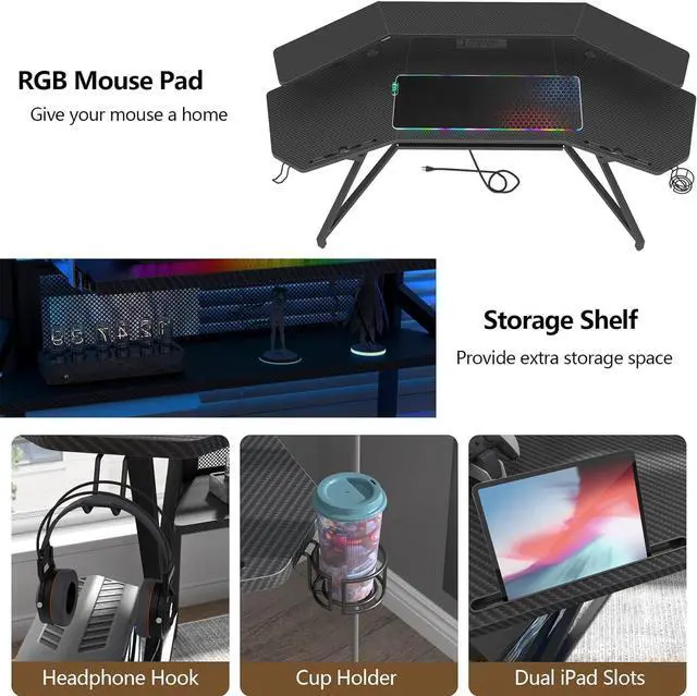 Alt view image 5 of 7 - 72" Gaming Desk with Power Outlet & Led Strip, Large Wing-Shaped Computer Desk w Monitor Stand & Keyboard Tray & RGB Mouse Pad, Studio Desk w Storage Shelf Headphone Hook Cup Holder