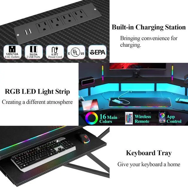 Alt view image 4 of 7 - 72" Gaming Desk with Power Outlet & Led Strip, Large Wing-Shaped Computer Desk w Monitor Stand & Keyboard Tray & RGB Mouse Pad, Studio Desk w Storage Shelf Headphone Hook Cup Holder