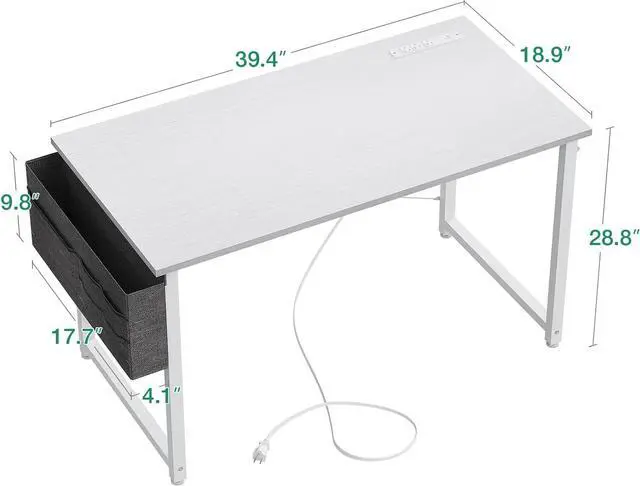 Alt view image 3 of 7 - KKL Small Desk with Power Outlets and USB Port Computer Desk for Home Office Gaming Simple Modern Style Writing Desks with Storage Bag Headphone Hook, 40 inch, White