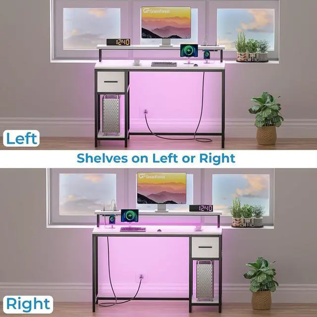 Alt view image 6 of 7 - GreenForest Computer Desk with Drawers 47 inch,Gaming Desk with LED Lights & Power Outlets Small Desk with Monitor Stand and Reversible Shelf,White