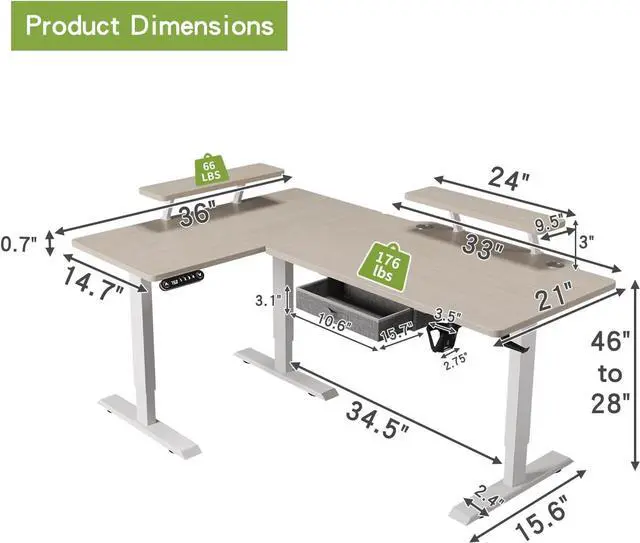 Alt view image 2 of 6 - Radlove 63-Inch Large Electric Height Adjustable Computer L-Shaped Desk with Memory Controller Corner Standing Desk Modern Workstation with Splice Board Ergonomic Desk (White Frame + Oak Top)