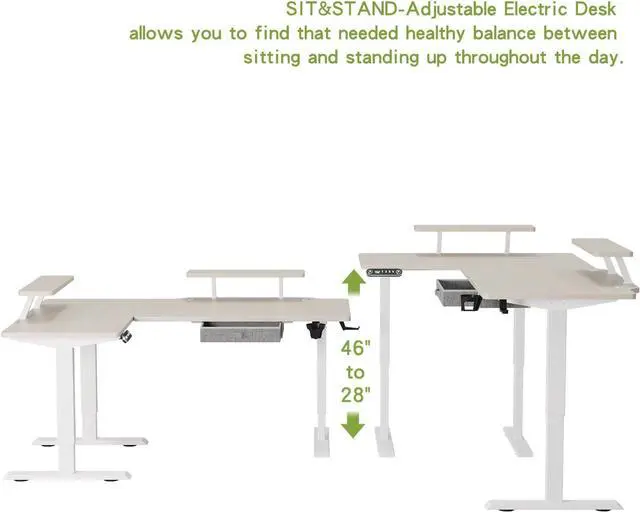 Alt view image 5 of 6 - Radlove 63-Inch Large Electric Height Adjustable Computer L-Shaped Desk with Memory Controller Corner Standing Desk Modern Workstation with Splice Board Ergonomic Desk (White Frame + Oak Top)