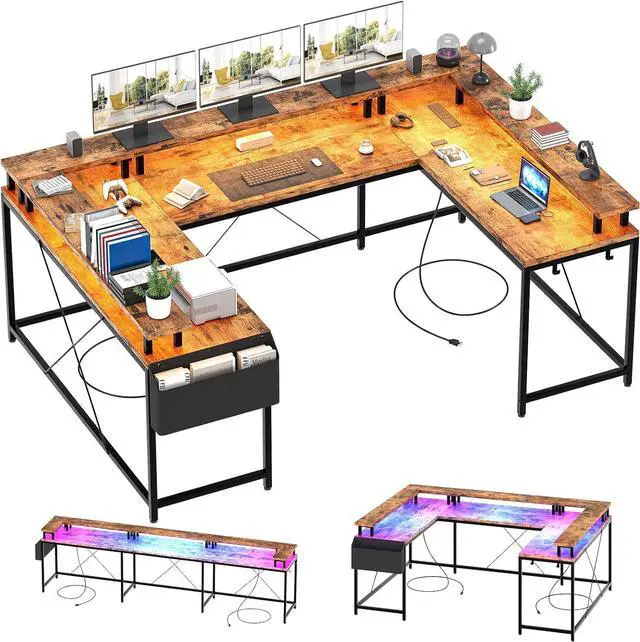 Main image of Jojoka U Shaped Computer Gaming Desk, Reversible L Shaped Desk with Power Outlets, LED Strip & Monitor Stand, Large Corner Desk with Storage Shelves for Home Office, Rustic Brown