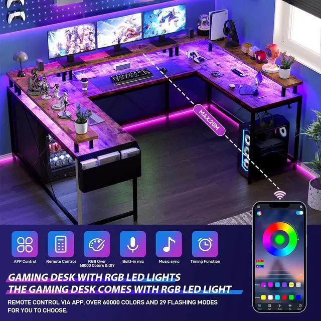 Alt view image 4 of 7 - Jojoka U Shaped Computer Gaming Desk, Reversible L Shaped Desk with Power Outlets, LED Strip & Monitor Stand, Large Corner Desk with Storage Shelves for Home Office, Rustic Brown