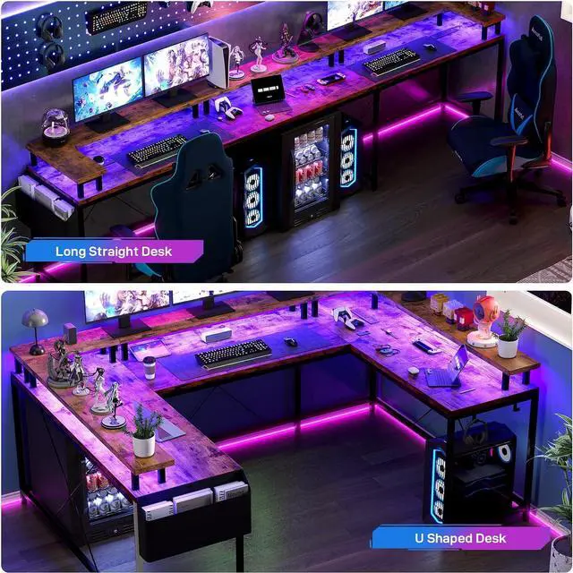 Alt view image 5 of 7 - Jojoka U Shaped Computer Gaming Desk, Reversible L Shaped Desk with Power Outlets, LED Strip & Monitor Stand, Large Corner Desk with Storage Shelves for Home Office, Rustic Brown