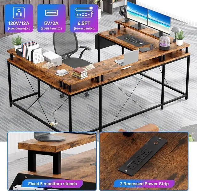 Alt view image 7 of 7 - Jojoka U Shaped Computer Gaming Desk, Reversible L Shaped Desk with Power Outlets, LED Strip & Monitor Stand, Large Corner Desk with Storage Shelves for Home Office, Rustic Brown