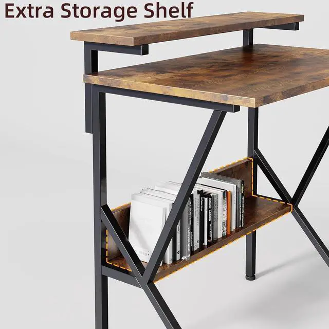 Alt view image 4 of 7 - COTUBLR Small Desk, Small Computer Desk for Small Spaces, 27.5 Inch Computer Desk with Adjustable Monitor Stand, Compact Desk with Storage, Tiny Desk Study Desk for Bedroom Home Office, Rustic Brown