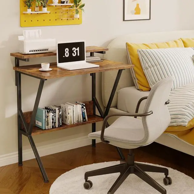 Alt view image 7 of 7 - COTUBLR Small Desk, Small Computer Desk for Small Spaces, 27.5 Inch Computer Desk with Adjustable Monitor Stand, Compact Desk with Storage, Tiny Desk Study Desk for Bedroom Home Office, Rustic Brown