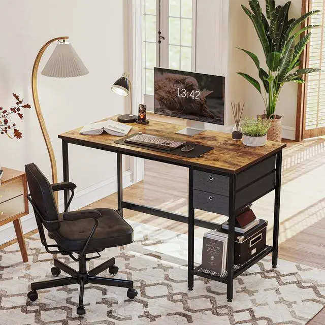 Alt view image 2 of 7 - Cubiker Computer Home Office Desk with Drawers, 40 Inch Small Desk Study Writing Table, Modern Simple PC Desk, Rustic Brown