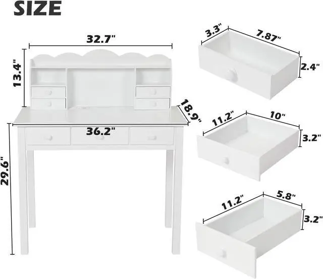 Alt view image 2 of 7 - ADORNEVE Writing Desk with USB Port, Home Office Desk with Drawers and Hutch, 36.2" Study Table Computer Desk for Student/Adults, Computer Work Station with Storage Shelf, 7 Drawers, White