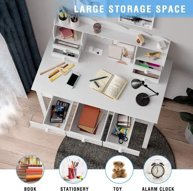 Alt view image 4 of 7 - ADORNEVE Writing Desk with USB Port, Home Office Desk with Drawers and Hutch, 36.2" Study Table Computer Desk for Student/Adults, Computer Work Station with Storage Shelf, 7 Drawers, White