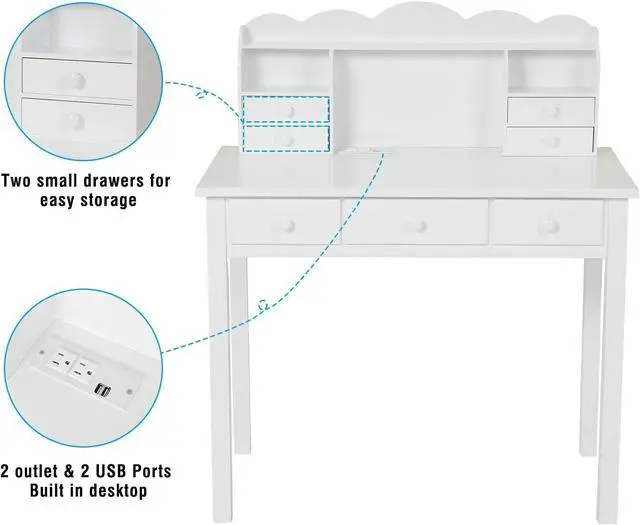 Alt view image 7 of 7 - ADORNEVE Writing Desk with USB Port, Home Office Desk with Drawers and Hutch, 36.2" Study Table Computer Desk for Student/Adults, Computer Work Station with Storage Shelf, 7 Drawers, White