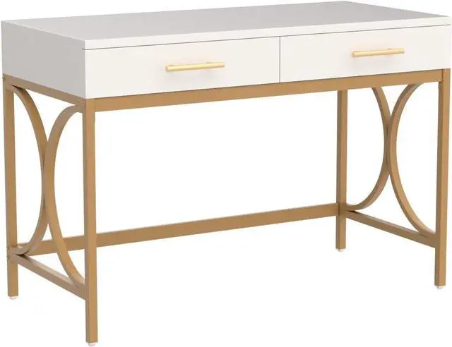 Alt view image 5 of 7 - Tribesigns Modern Computer Desk with 2 Drawers, 41 Inches Study Writing Office Desk for Home Office, Bedroom, Makeup Vanity Table Desk with Gold Metal Frame, White & Gold