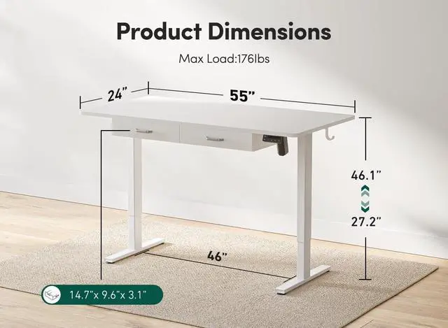 Alt view image 3 of 7 - FEZIBO 55 x 24 Inches Standing Desk with Double Wooden Drawers, Adjustable Height Electric Standing Desk, Stand Up Home Office Desk with Splice Tabletop, White Frame/White Top
