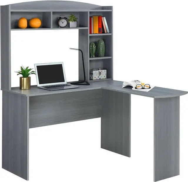 Main image of Modern L-Shaped Computer Desk with Hutch and Bookshelves, Home Office Desk, Gray
