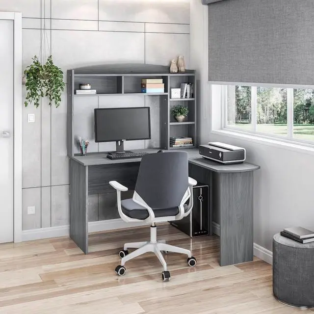 Alt view image 2 of 7 - Modern L-Shaped Computer Desk with Hutch and Bookshelves, Home Office Desk, Gray