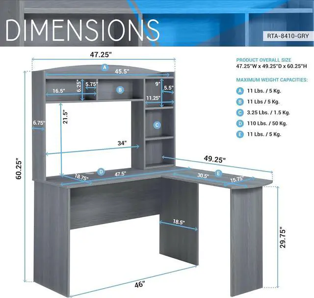 Alt view image 3 of 7 - Modern L-Shaped Computer Desk with Hutch and Bookshelves, Home Office Desk, Gray