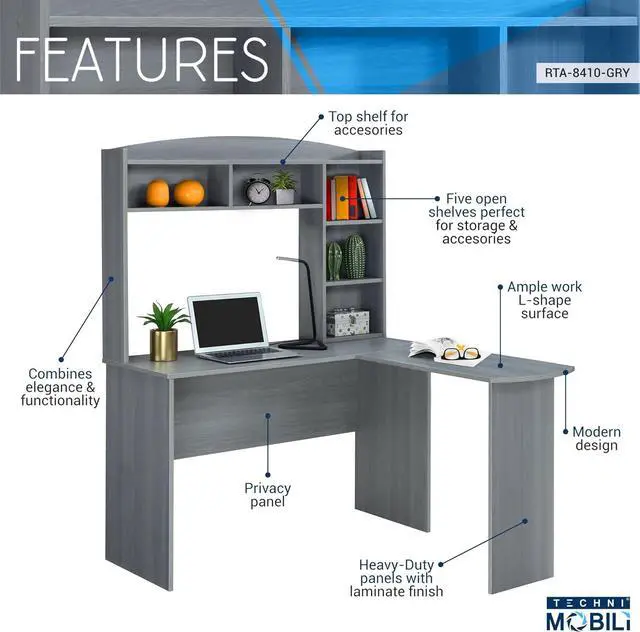 Alt view image 4 of 7 - Modern L-Shaped Computer Desk with Hutch and Bookshelves, Home Office Desk, Gray