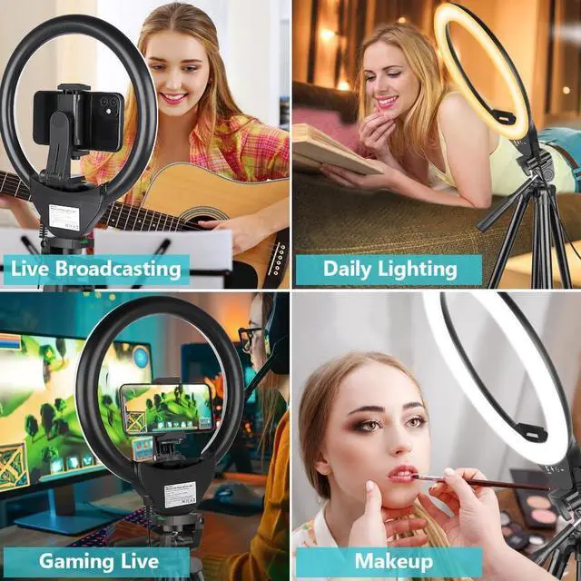 Alt view image 3 of 6 - Sensyne 10'' Ring Light with 50'' Extendable Tripod Stand, LED Circle Lights with Phone Holder for Live Stream/Makeup/YouTube Video/TikTok, Compatible with All Phones