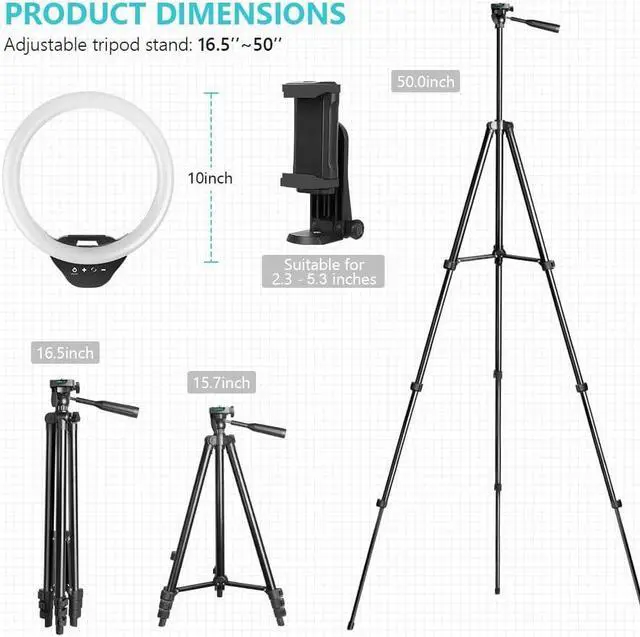 Alt view image 6 of 6 - Sensyne 10'' Ring Light with 50'' Extendable Tripod Stand, LED Circle Lights with Phone Holder for Live Stream/Makeup/YouTube Video/TikTok, Compatible with All Phones
