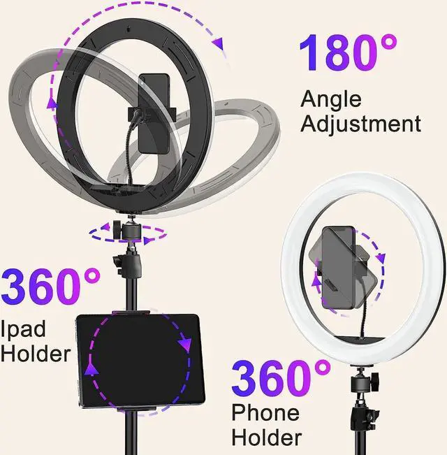 Alt view image 6 of 7 - 13" RGB Ring Light with 63" Stand and 2 Phone Holders, Tablet iPad Holder, Sunset Lamp, 51 Color Modes Selfie Ringlight with Desk Tripod, Halo Ring Light for TikTok/Live Stream/Makeup/YouTube