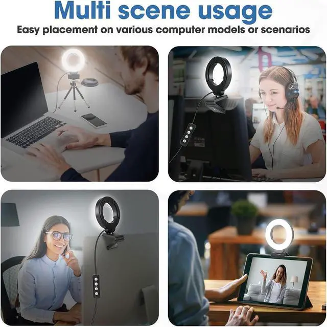 Alt view image 2 of 7 - Webcam Lighting,Ring Light for Laptop/Computer,Zoom Call Lighting,4''Small Video Conference Lighting with Webcam Style Mount and Tripod,3 Light Modes&10 Brightness Levels,Selfie 3000k, 4inch