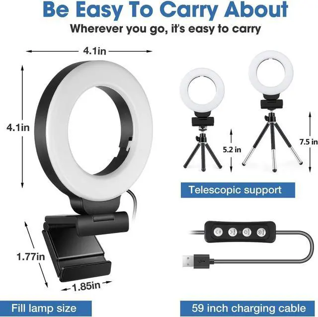 Alt view image 6 of 7 - Webcam Lighting,Ring Light for Laptop/Computer,Zoom Call Lighting,4''Small Video Conference Lighting with Webcam Style Mount and Tripod,3 Light Modes&10 Brightness Levels,Selfie 3000k, 4inch