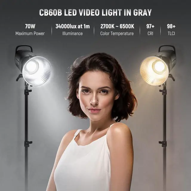 Alt view image 2 of 7 - NEEWER CB60B 70W LED Video Light with 2.4G&APP Control, COB Bi Color 2700K-6500K 34000Lux at 1m/CCT CRI97+/12 Scenes/Bowens Mount, Bluetooth, with Reflector, Power Cord, Manual, Studio/Video Recording